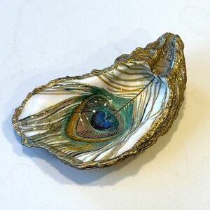 Peacock Feather Oyster Shell Jewelry Dish, Ring Dish, Trinket Dish, Hostess Gift